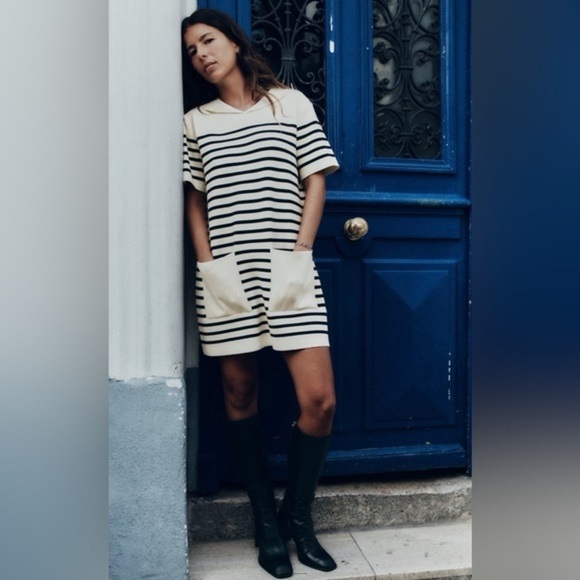 Zara Dresses & Skirts - Zara Striped Knit Mini Dress Small Sailor Lapel Collar Pockets Cream Navy Costal
